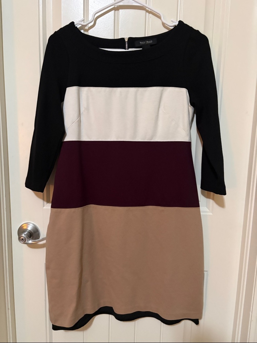 White House Black Market Colorblock Shift Dress in Black, White, Burgundy & Tan